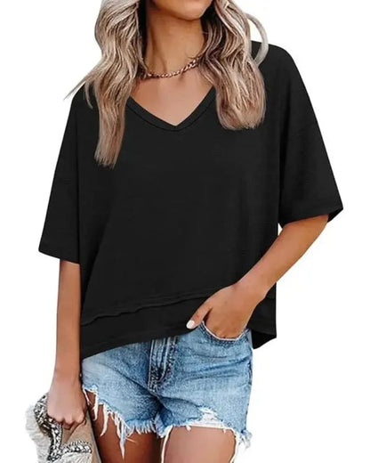 Women's V-Neck Summer Tee, Short Sleeve Loose Fit Casual Top