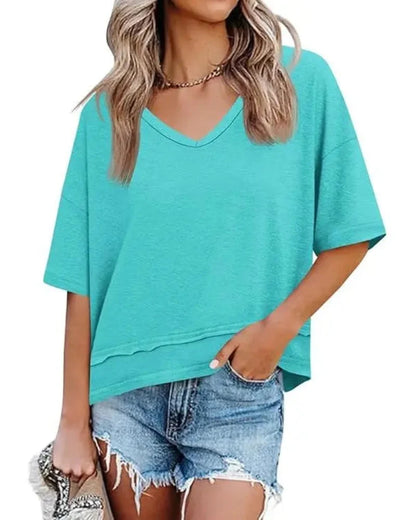 Women's V-Neck Summer Tee, Short Sleeve Loose Fit Casual Top