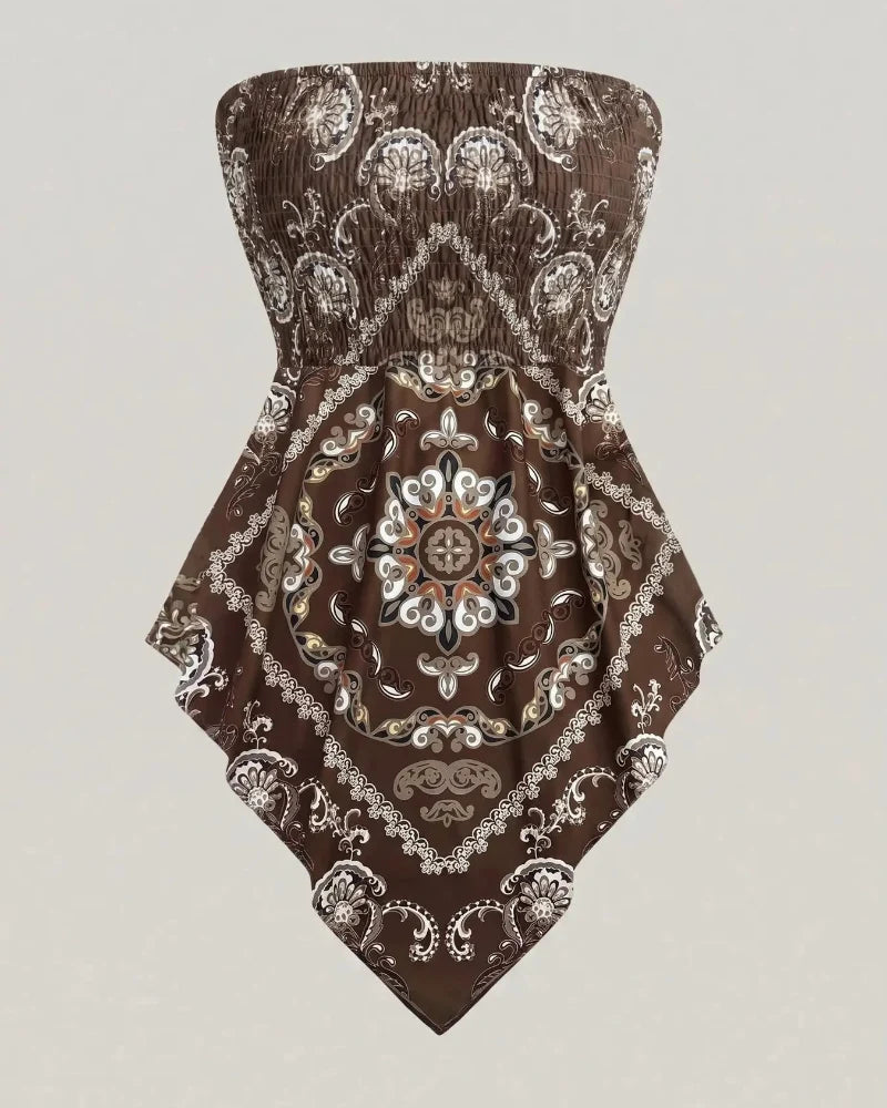Boho Plus Size Ethnic Print Tube Top Asym Hem
