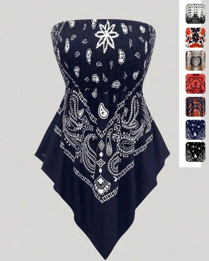 Boho Plus Size Ethnic Print Tube Top Asym Hem