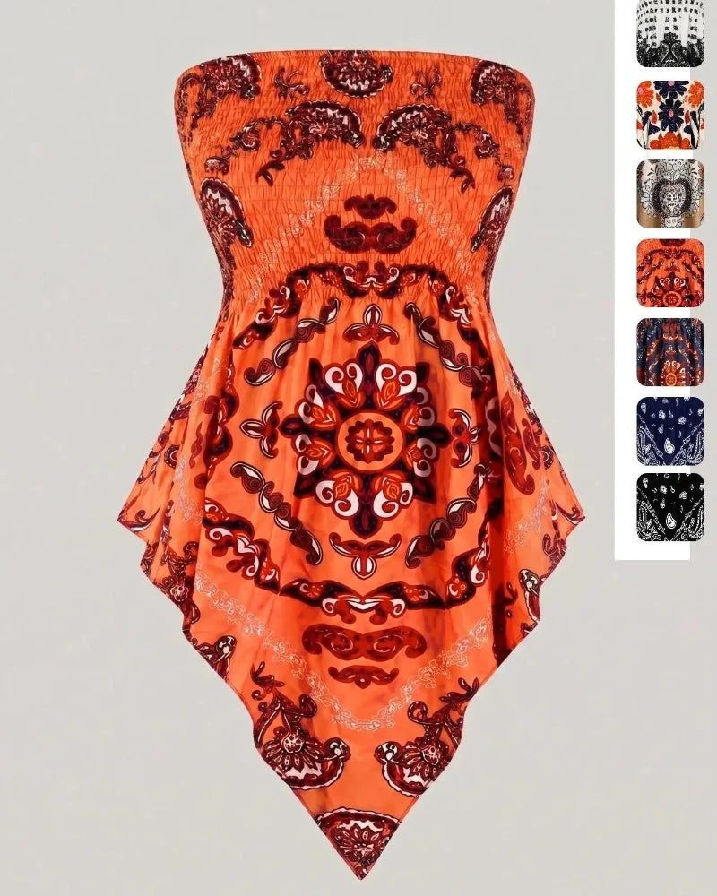 Boho Plus Size Ethnic Print Tube Top Asym Hem