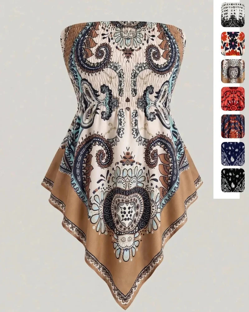 Boho Plus Size Ethnic Print Tube Top Asym Hem