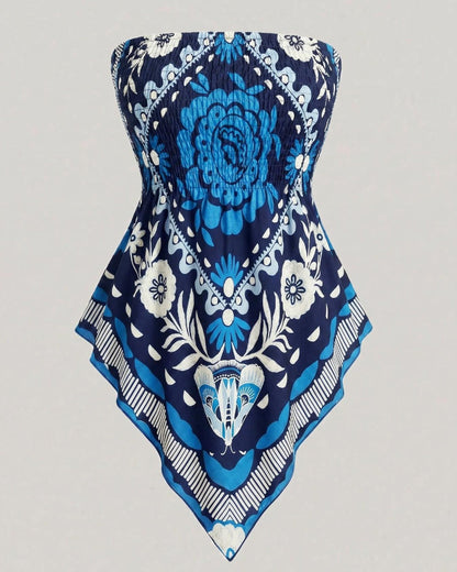 Boho Plus Size Ethnic Print Tube Top Asym Hem