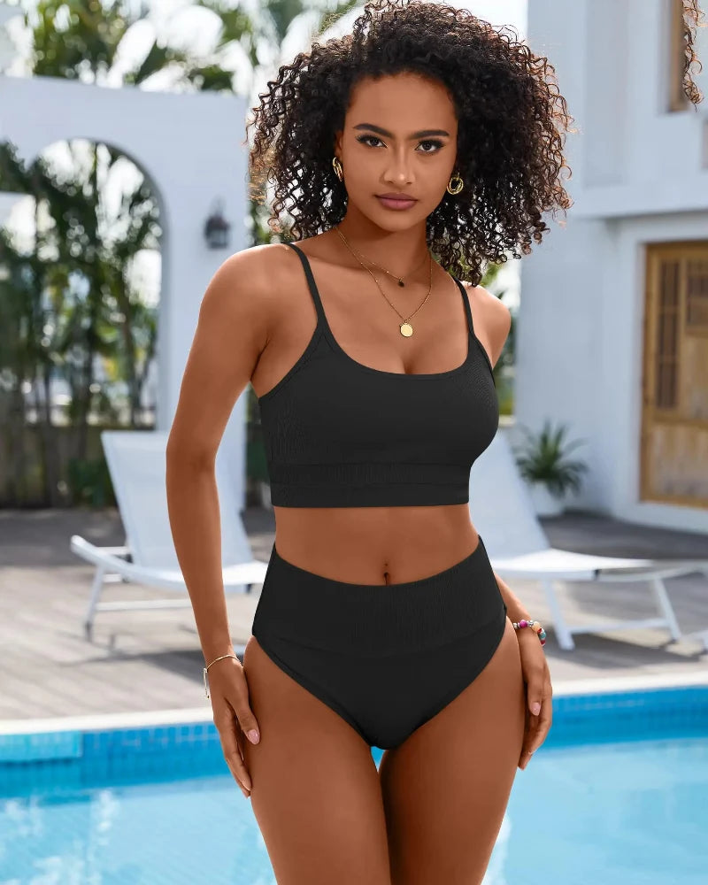 High-Waist Color Block Bikini Set Tummy Control