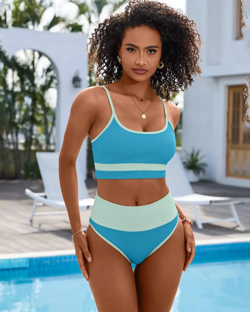 High-Waist Color Block Bikini Set Tummy Control