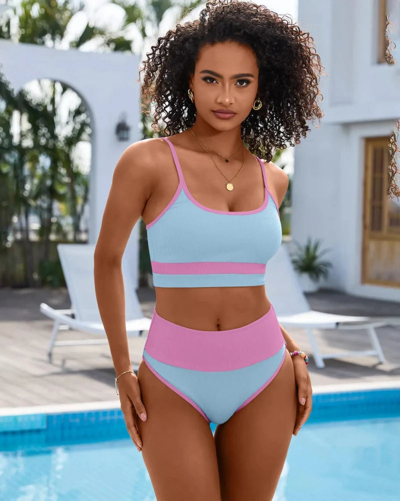 High-Waist Color Block Bikini Set Tummy Control