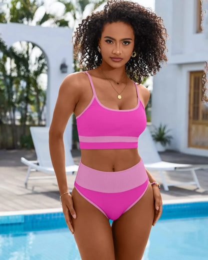 High-Waist Color Block Bikini Set Tummy Control