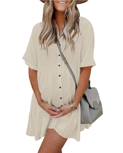 Textured Button-Down Flowy Mini Dress with Pockets