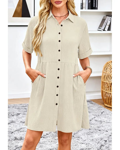 Textured Button-Down Flowy Mini Dress with Pockets