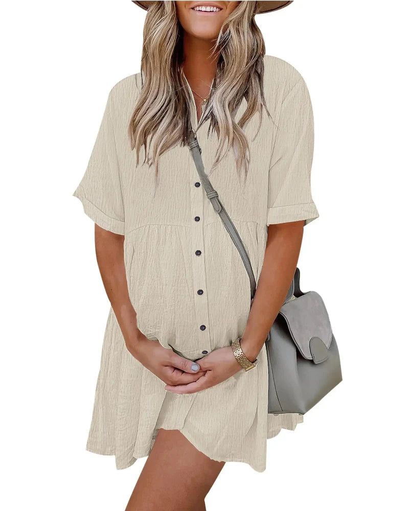 Textured Button-Down Flowy Mini Dress with Pockets