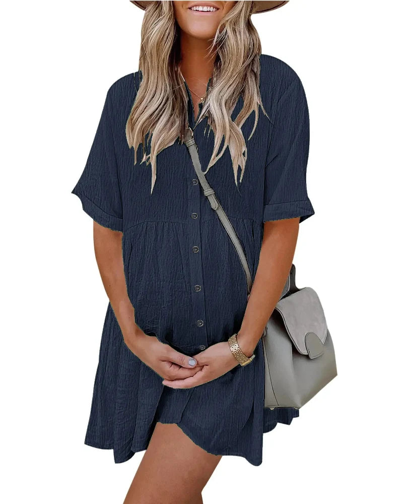 Textured Button-Down Flowy Mini Dress with Pockets