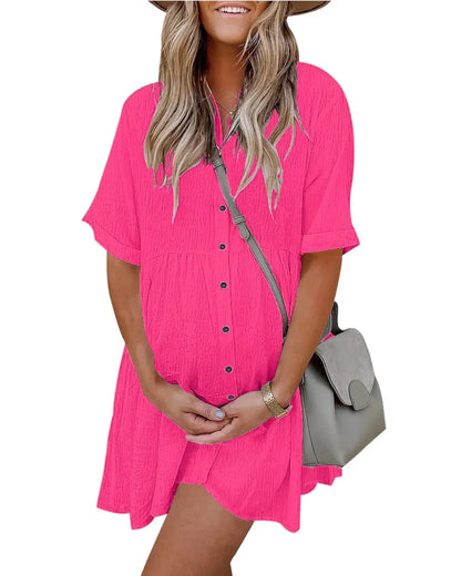 Textured Button-Down Flowy Mini Dress with Pockets