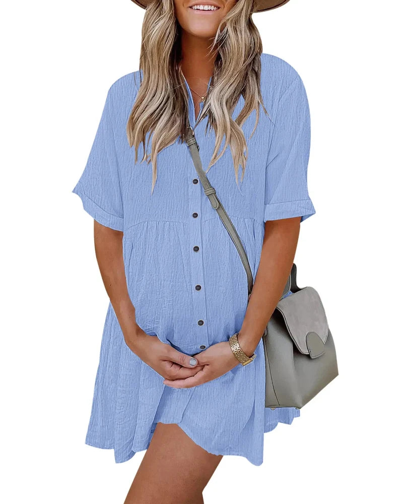 Textured Button-Down Flowy Mini Dress with Pockets