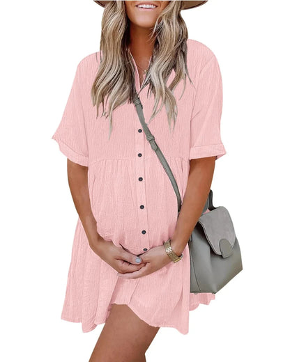 Textured Button-Down Flowy Mini Dress with Pockets