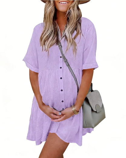 Textured Button-Down Flowy Mini Dress with Pockets