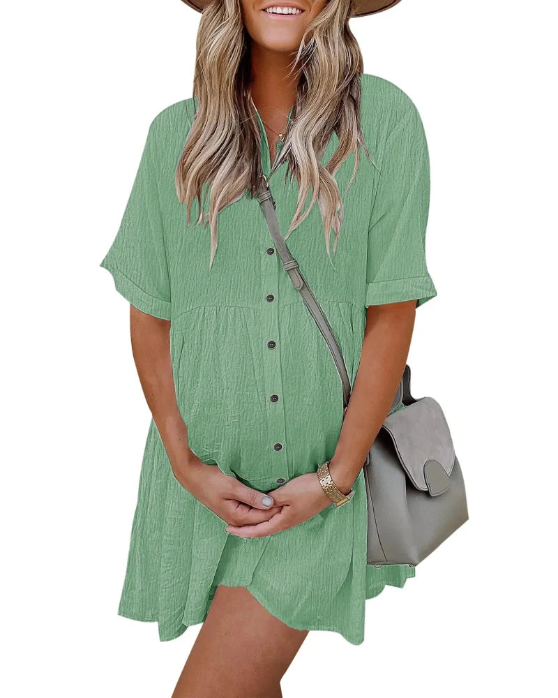 Textured Button-Down Flowy Mini Dress with Pockets