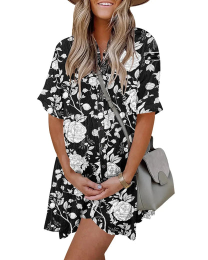 Textured Button-Down Flowy Mini Dress with Pockets