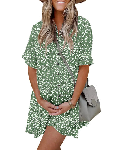 Textured Button-Down Flowy Mini Dress with Pockets