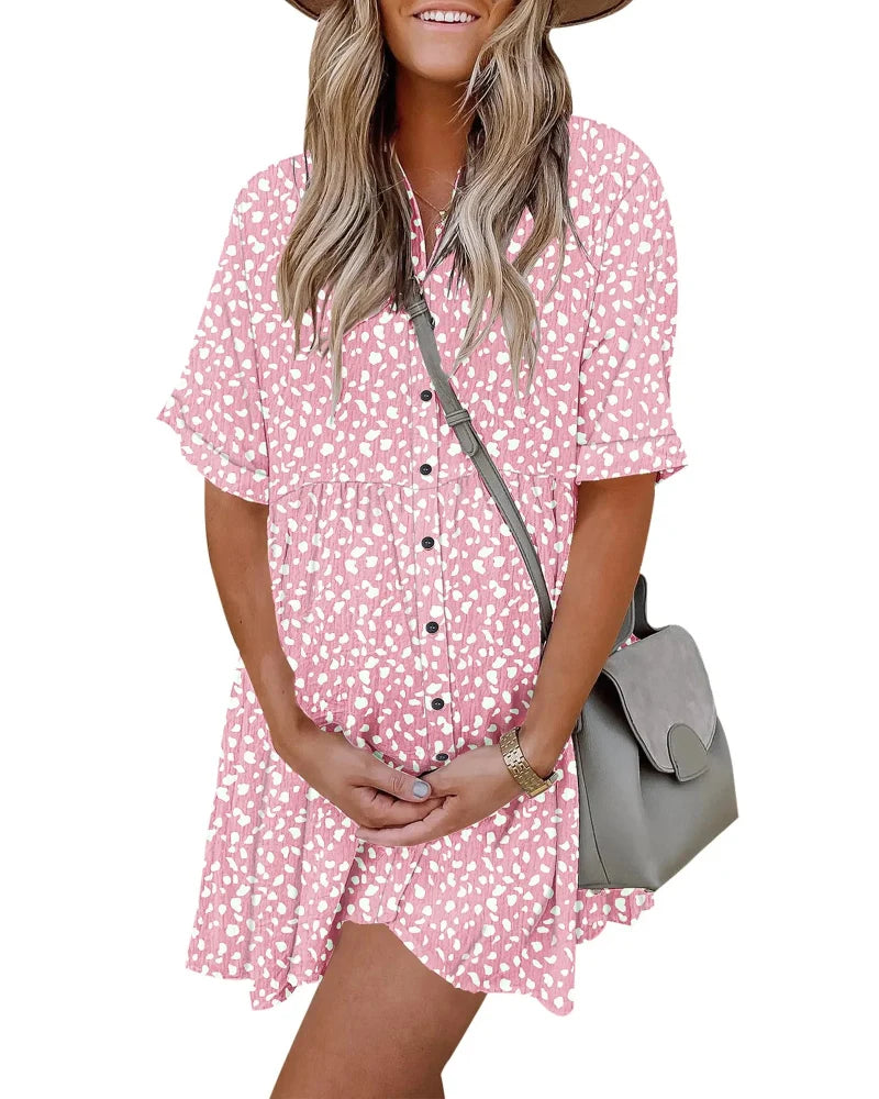 Textured Button-Down Flowy Mini Dress with Pockets