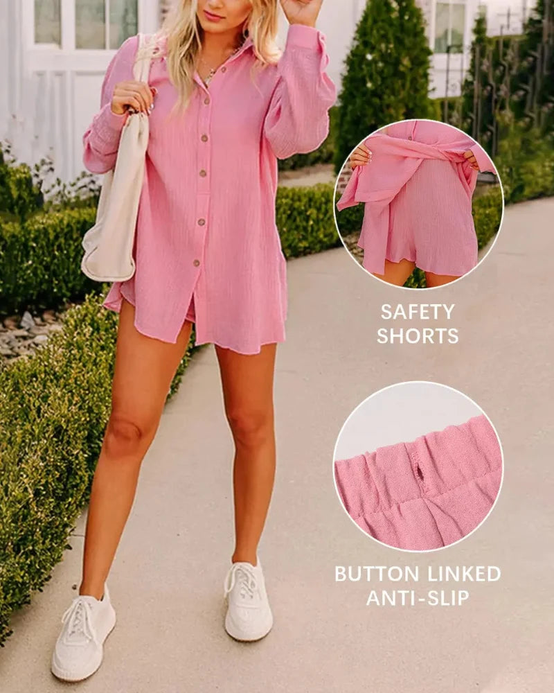 Women Gauze Shirt Shorts Set 2-in-1 Oversized Beach Cover Up Outfit
