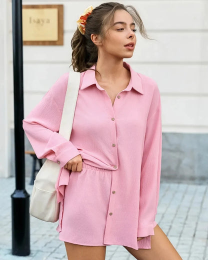 Women Gauze Shirt Shorts Set 2-in-1 Oversized Beach Cover Up Outfit