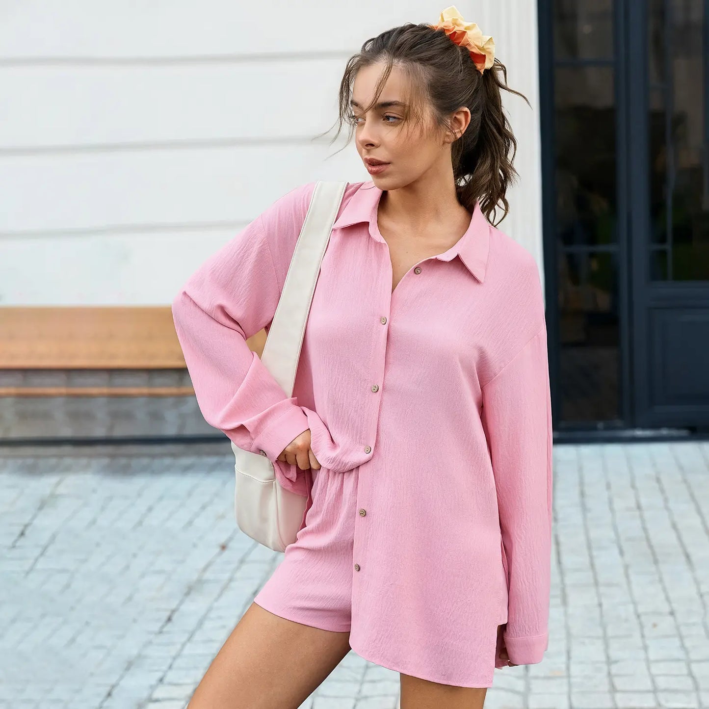 Women Gauze Shirt Shorts Set 2-in-1 Oversized Beach Cover Up Outfit