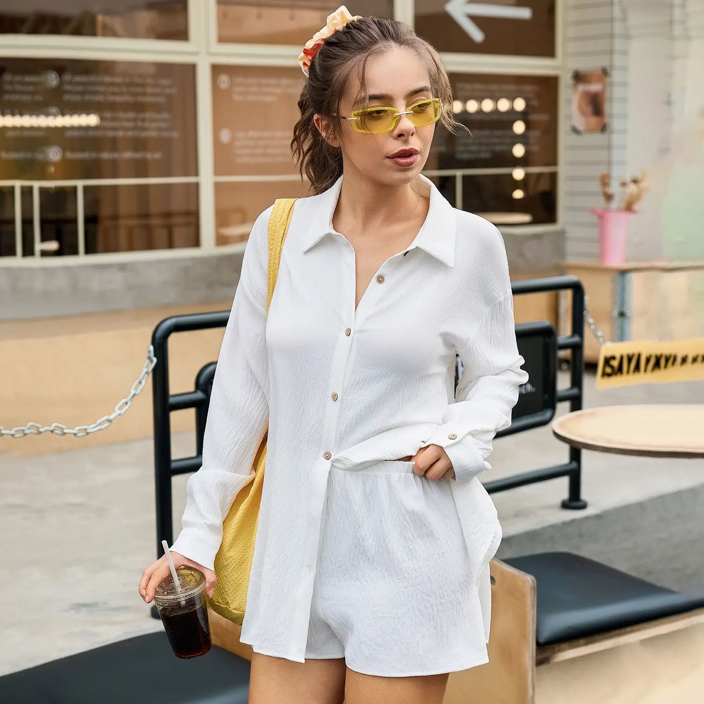 Women Gauze Shirt Shorts Set 2-in-1 Oversized Beach Cover Up Outfit