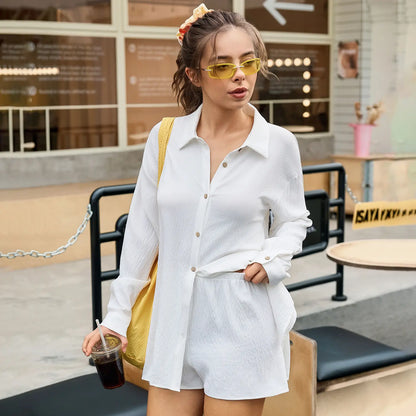 Women Gauze Shirt Shorts Set 2-in-1 Oversized Beach Cover Up Outfit