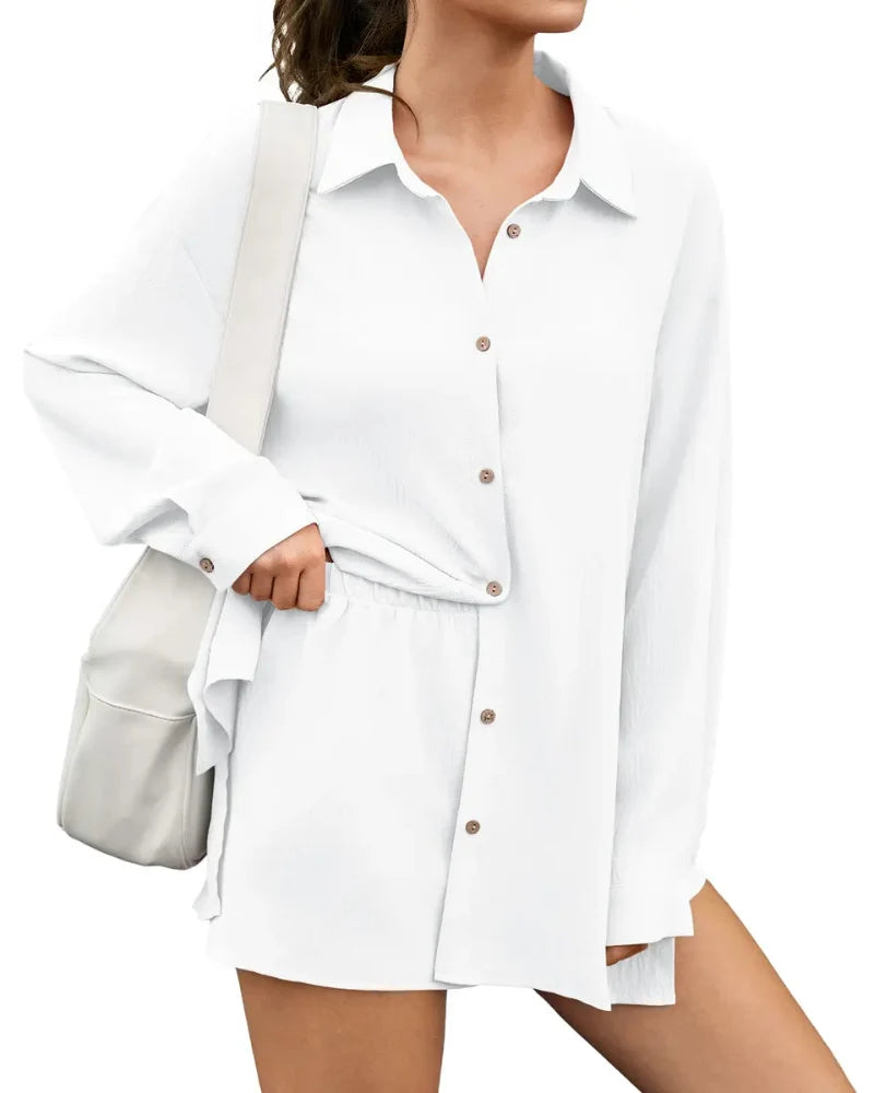 Women Gauze Shirt Shorts Set 2-in-1 Oversized Beach Cover Up Outfit