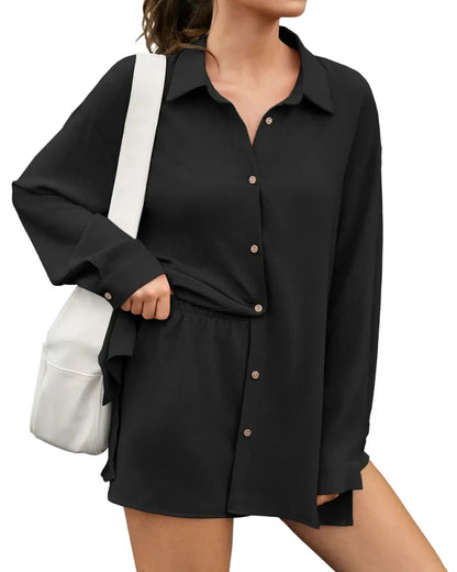 Women Gauze Shirt Shorts Set 2-in-1 Oversized Beach Cover Up Outfit