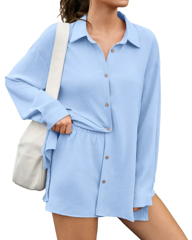 Women Gauze Shirt Shorts Set 2-in-1 Oversized Beach Cover Up Outfit