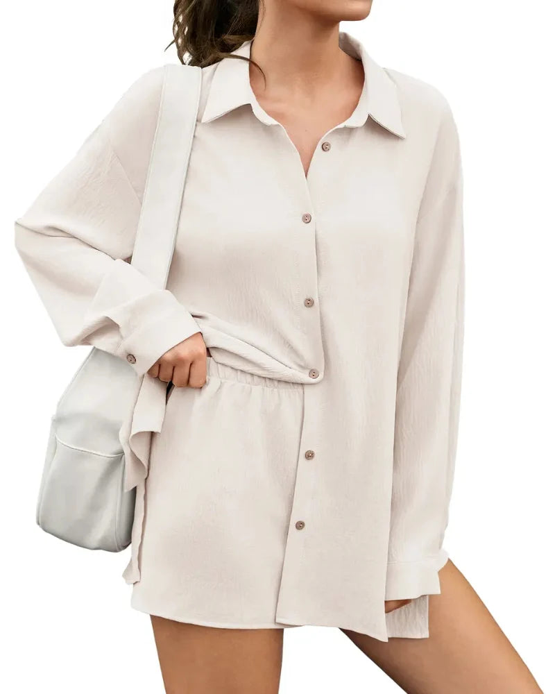 Women Gauze Shirt Shorts Set 2-in-1 Oversized Beach Cover Up Outfit