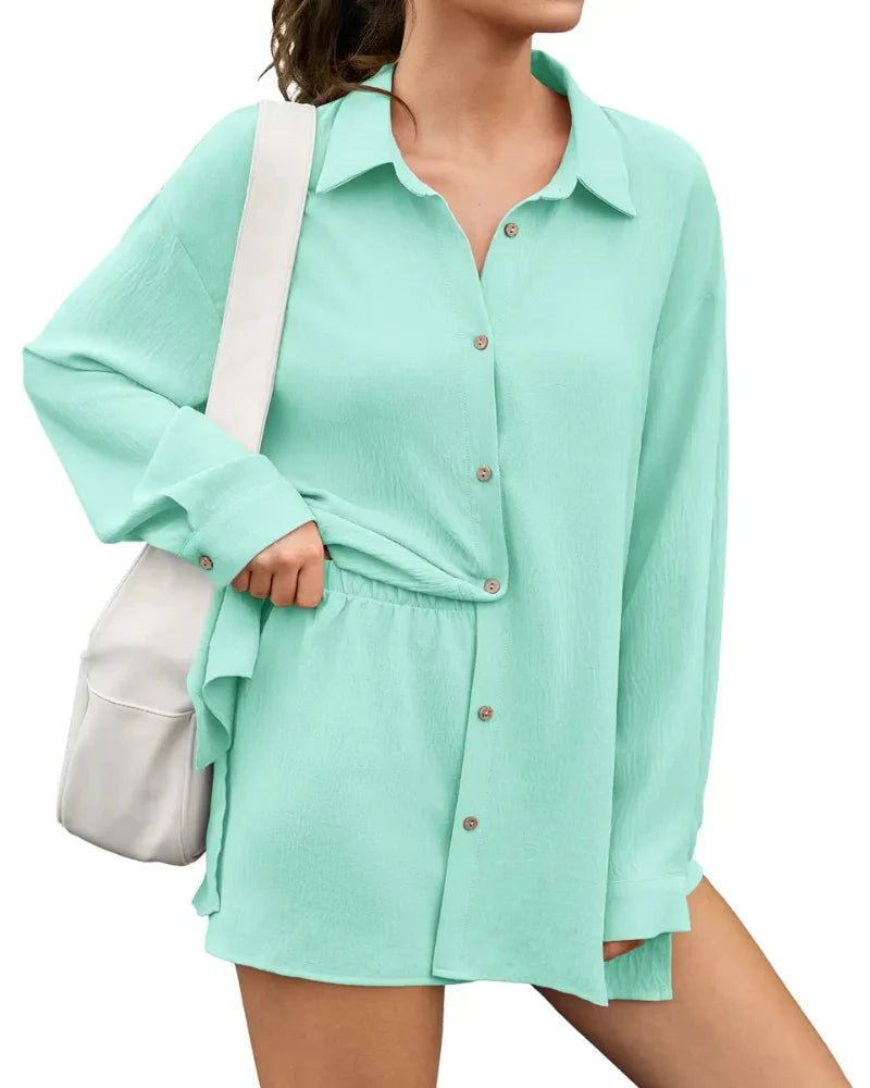 Women Gauze Shirt Shorts Set 2-in-1 Oversized Beach Cover Up Outfit