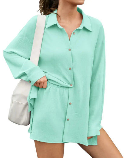 Women Gauze Shirt Shorts Set 2-in-1 Oversized Beach Cover Up Outfit