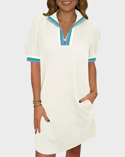 Women Summer Puff Sleeve Mini Dress Quarter Zip Casual Loose Fit Sky