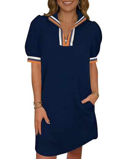 Women Summer Puff Sleeve Mini Dress Quarter Zip Casual Loose Fit Sky