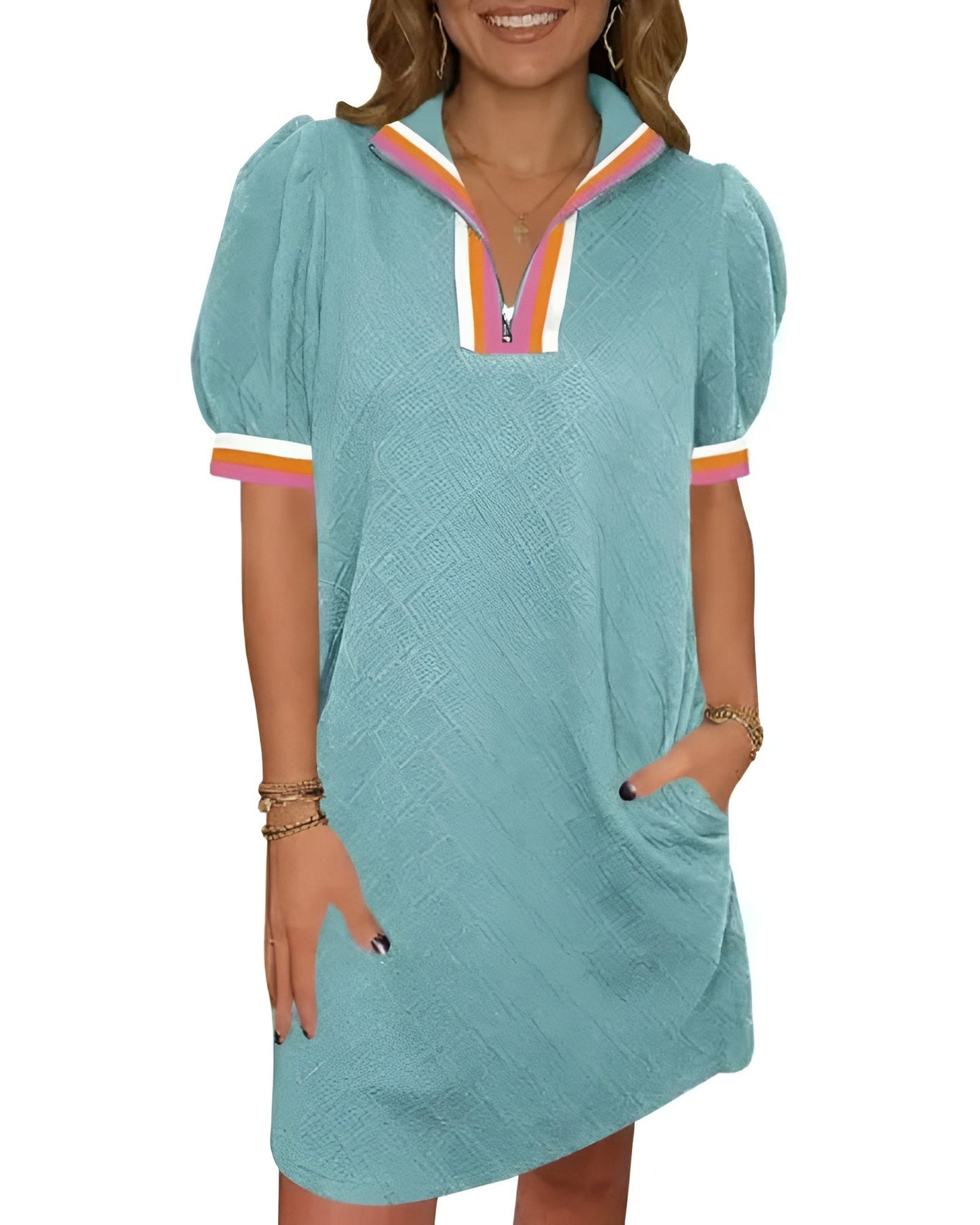 Women Summer Puff Sleeve Mini Dress Quarter Zip Casual Loose Fit Sky