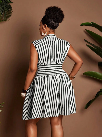 Plus Size Casual Striped Waist Cinched Dress