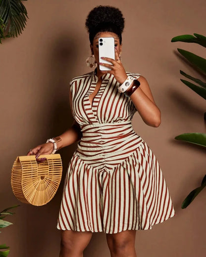 Plus Size Casual Striped Waist Cinched Dress