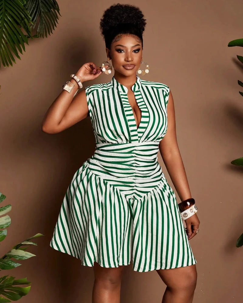 Plus Size Casual Striped Waist Cinched Dress