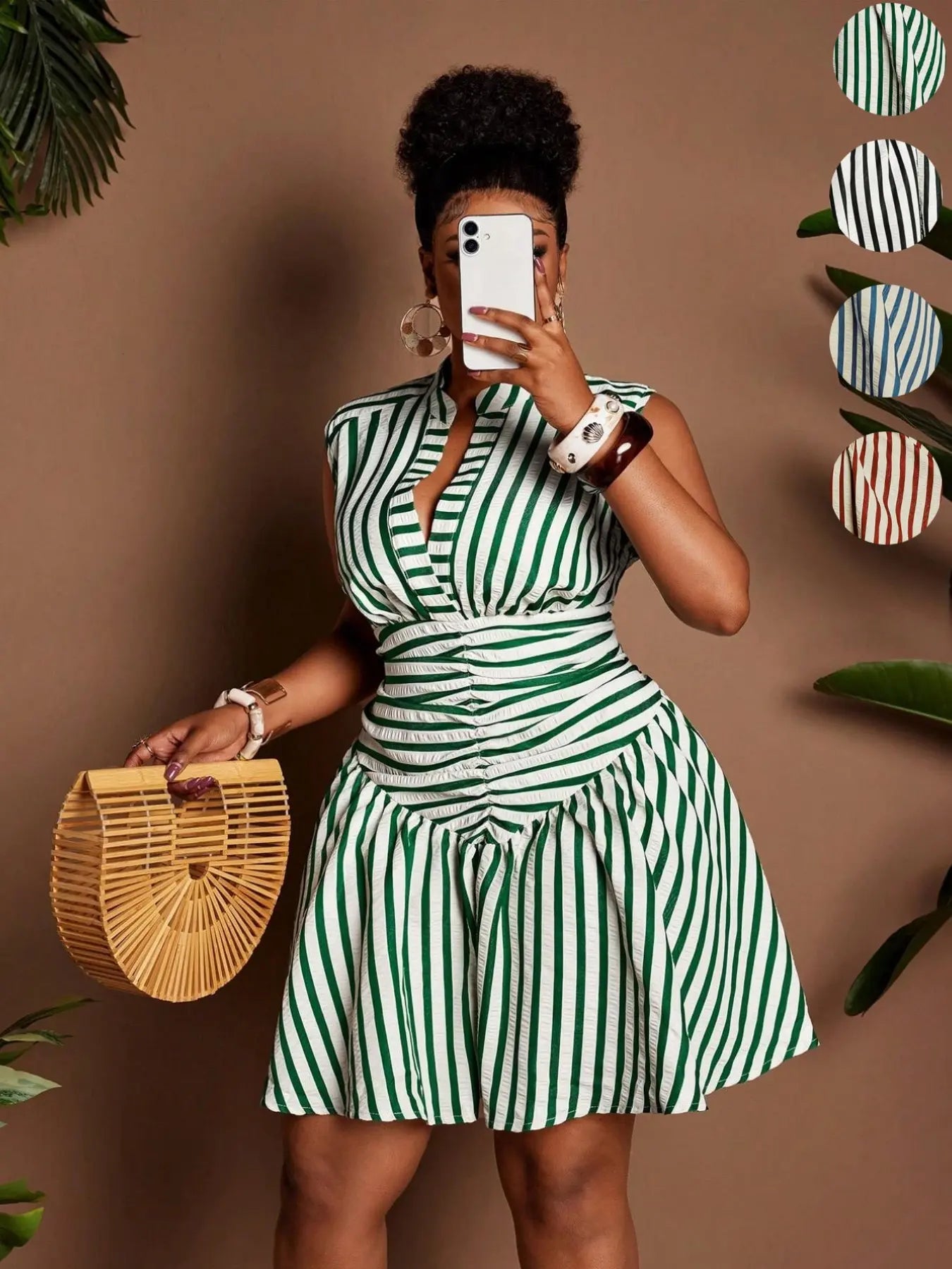 Plus Size Casual Striped Waist Cinched Dress
