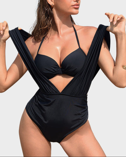 Two-Piece Deep Plunge Swimsuit with Halter Bra Overlay
