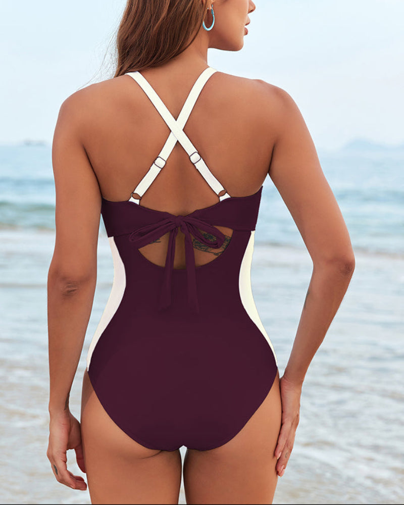 Full Coverage Retro Color Block Swimwear