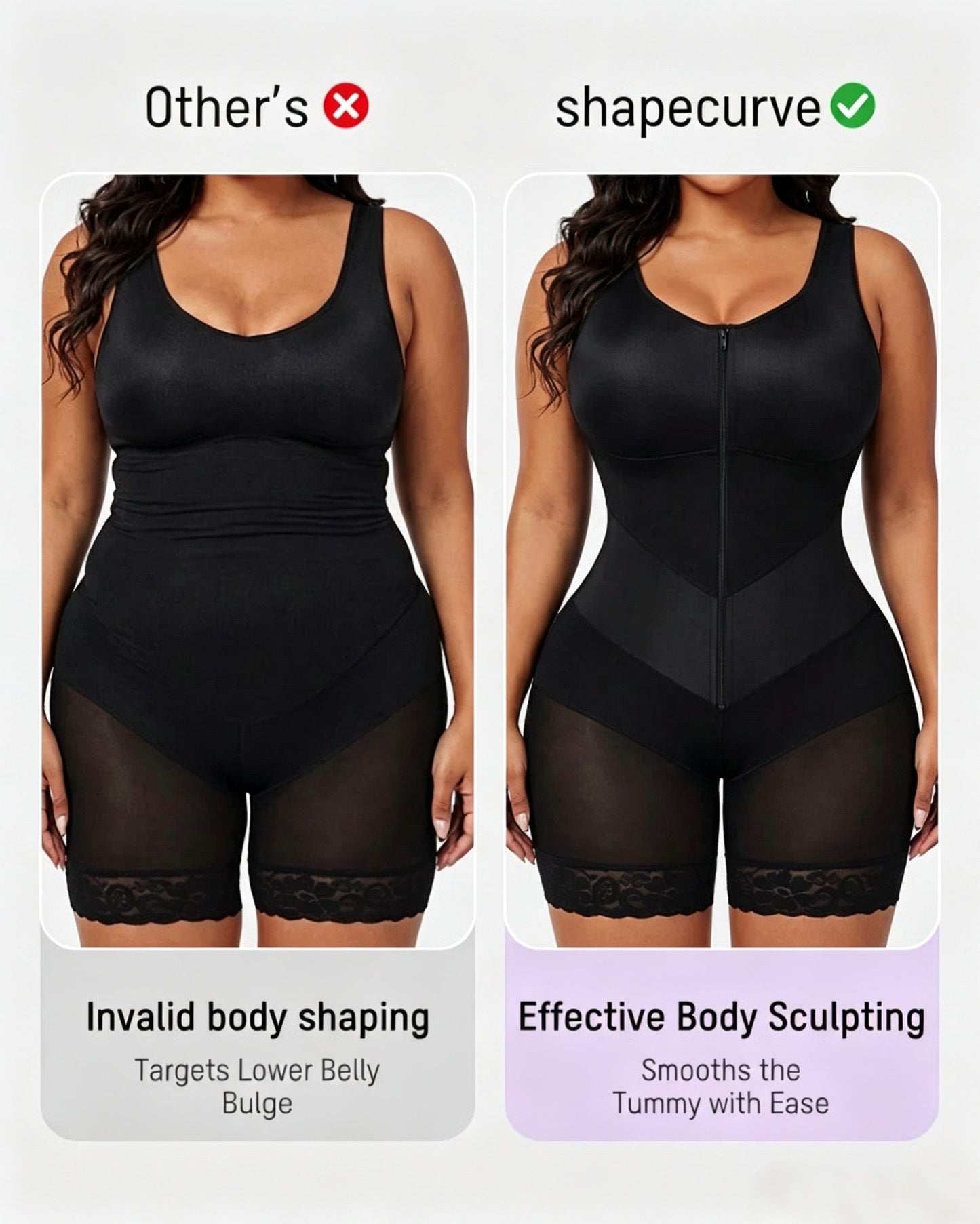 Front-zip body shaper with tummy control and smoothing fit.