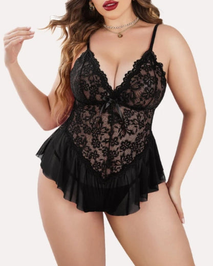 Plus Size V Neck Lace Bodysuit – One-Piece Teddy Babydoll Mesh Nighty