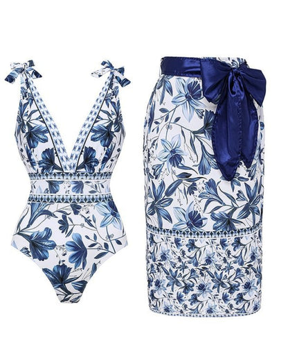 Shapecurve® V Neck Lace Up Strip Plant Prints One Piece Swimsuit and Skirt/Sarong