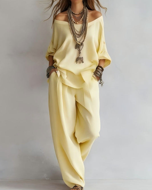 Summer Linen Set Relaxed Fit Top & Wide-Leg Pants Effortless Casual Wear