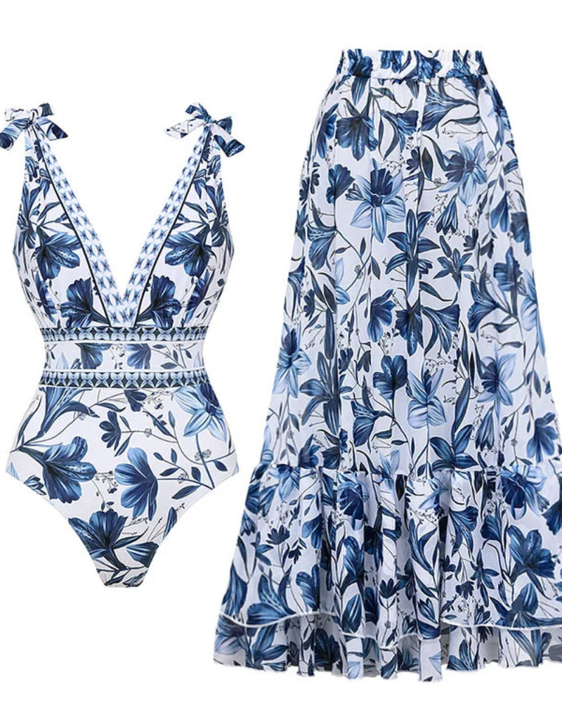 Shapecurve® V Neck Lace Up Strip Plant Prints One Piece Swimsuit and Skirt/Sarong