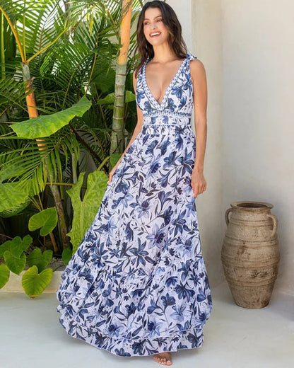 Shapecurve® V Neck Lace Up Strip Plant Prints One Piece Swimsuit and Skirt/Sarong