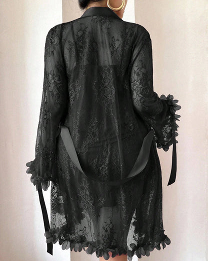 Plus size Lace Cami Nightgown & Floral Lace Trim Wide Sleeve Sheer Robe